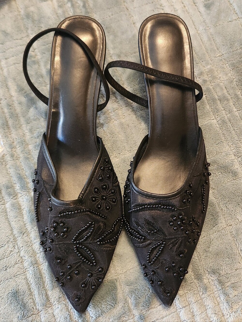 Black Mesh Embroidered Beaded Kitten Heel Pointed-Toe Slingback, 11 - Picture 2 of 6